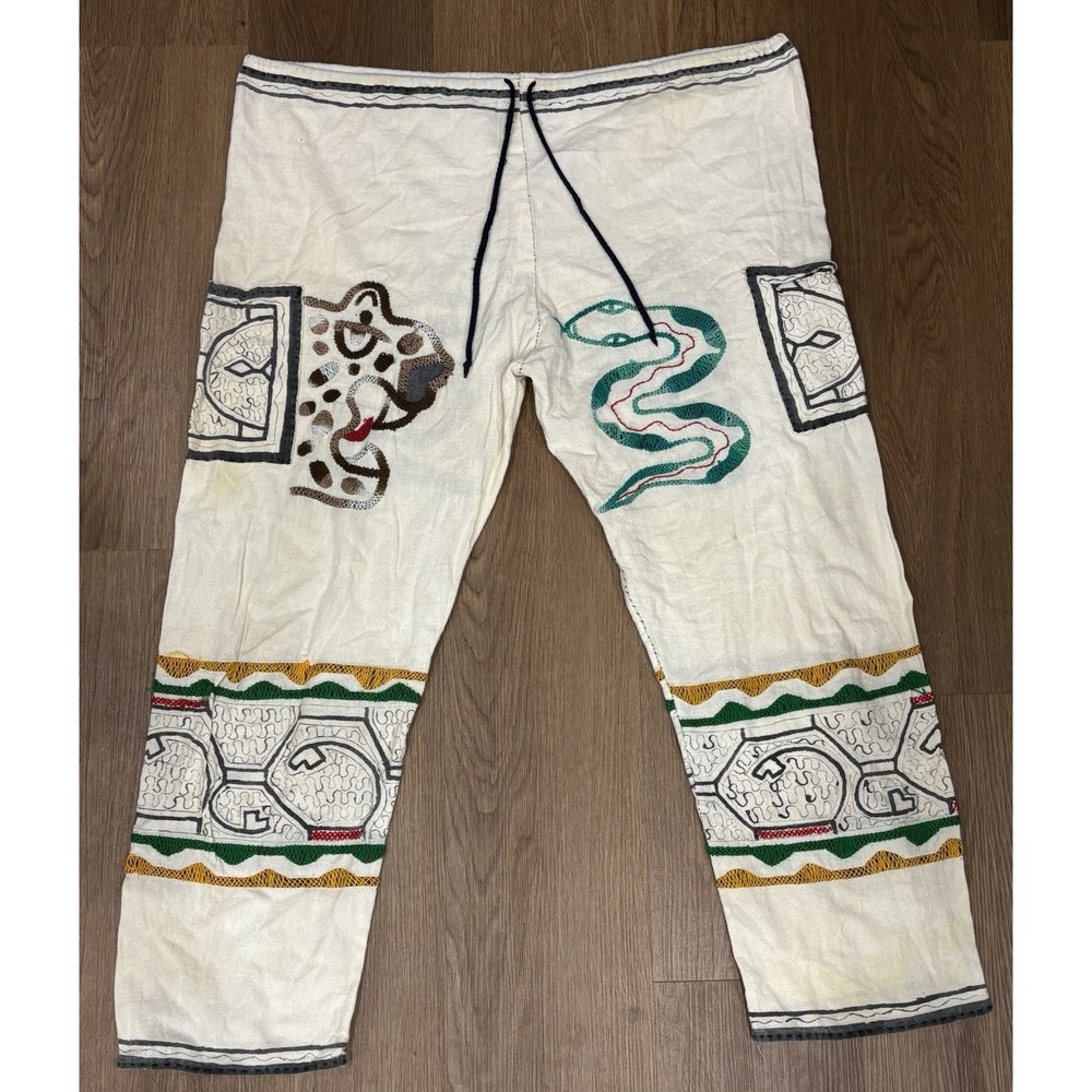 Peruvian Shipibo Conibo Style Handmade Embroidered Jaguar Snake Drawstring Pants